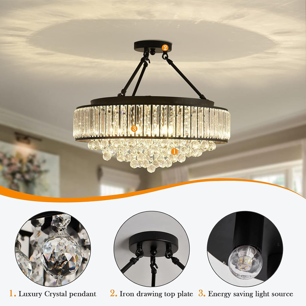 Black Crystal Flush Mount Close to Pendant Light