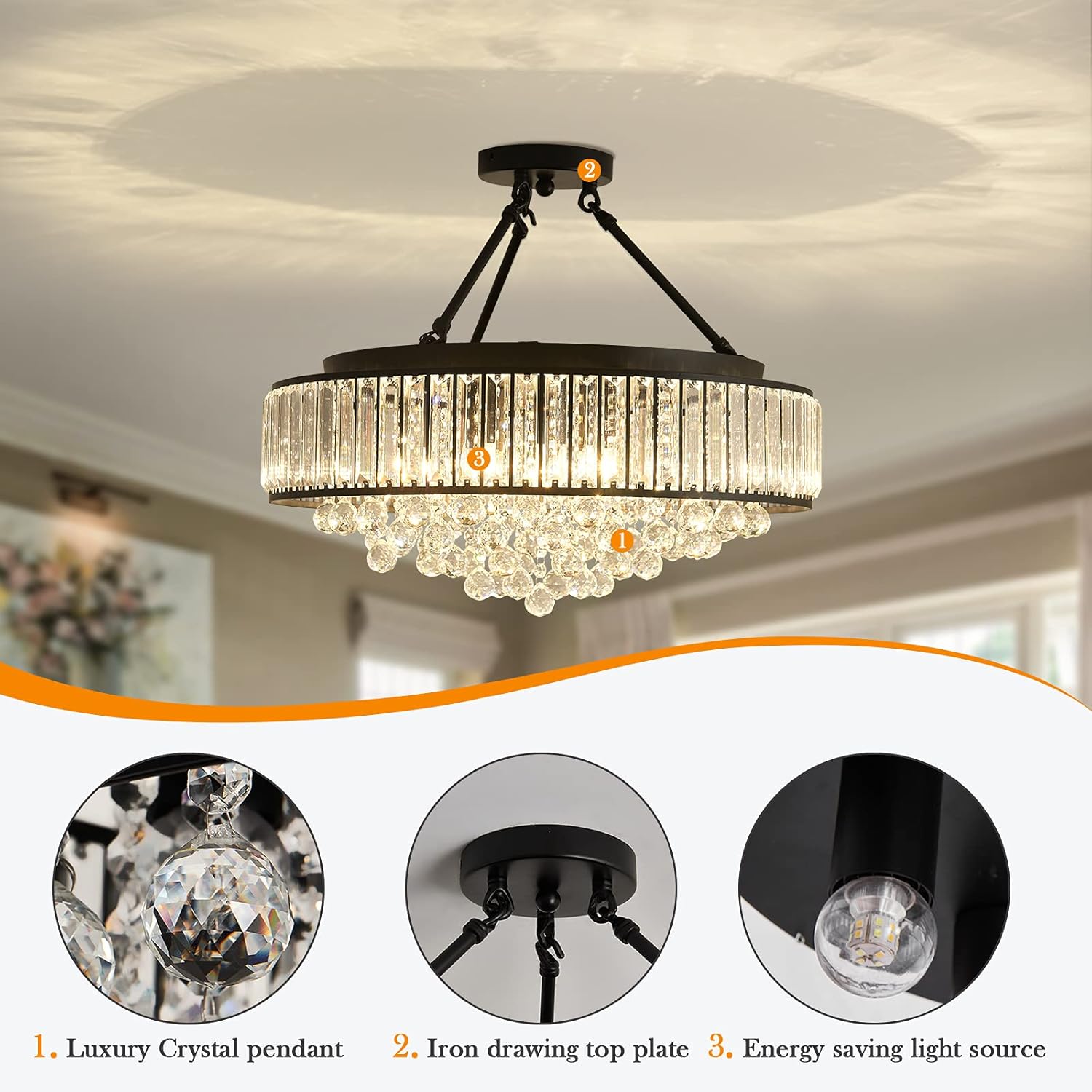 Black Crystal Flush Mount Close to Pendant Light