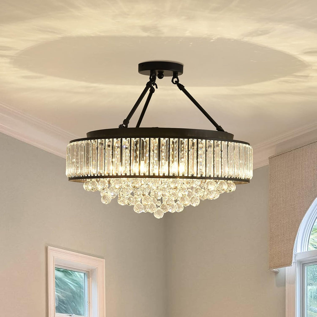 Black Crystal Flush Mount Close to Pendant Light