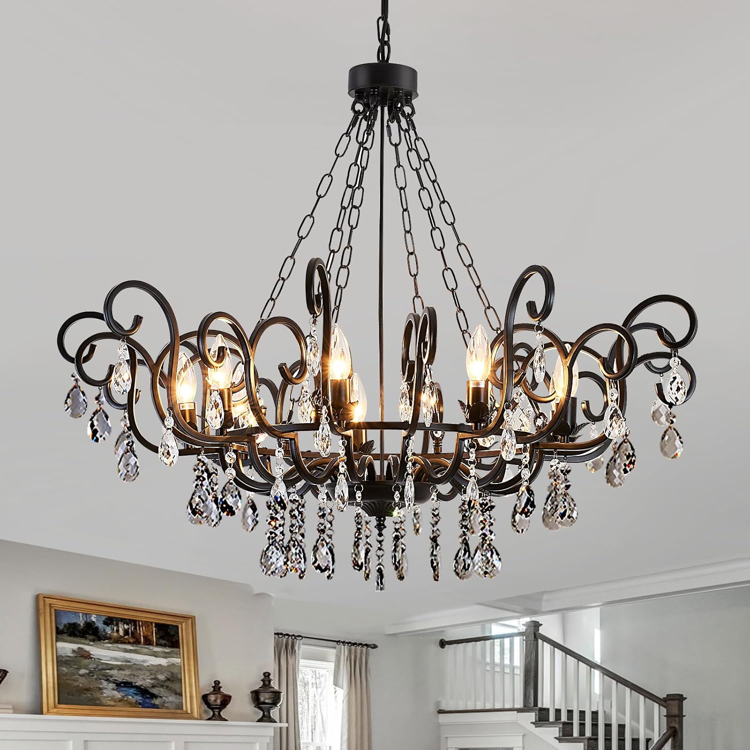 Rustic Industrial Iron & Crystal Chandelier