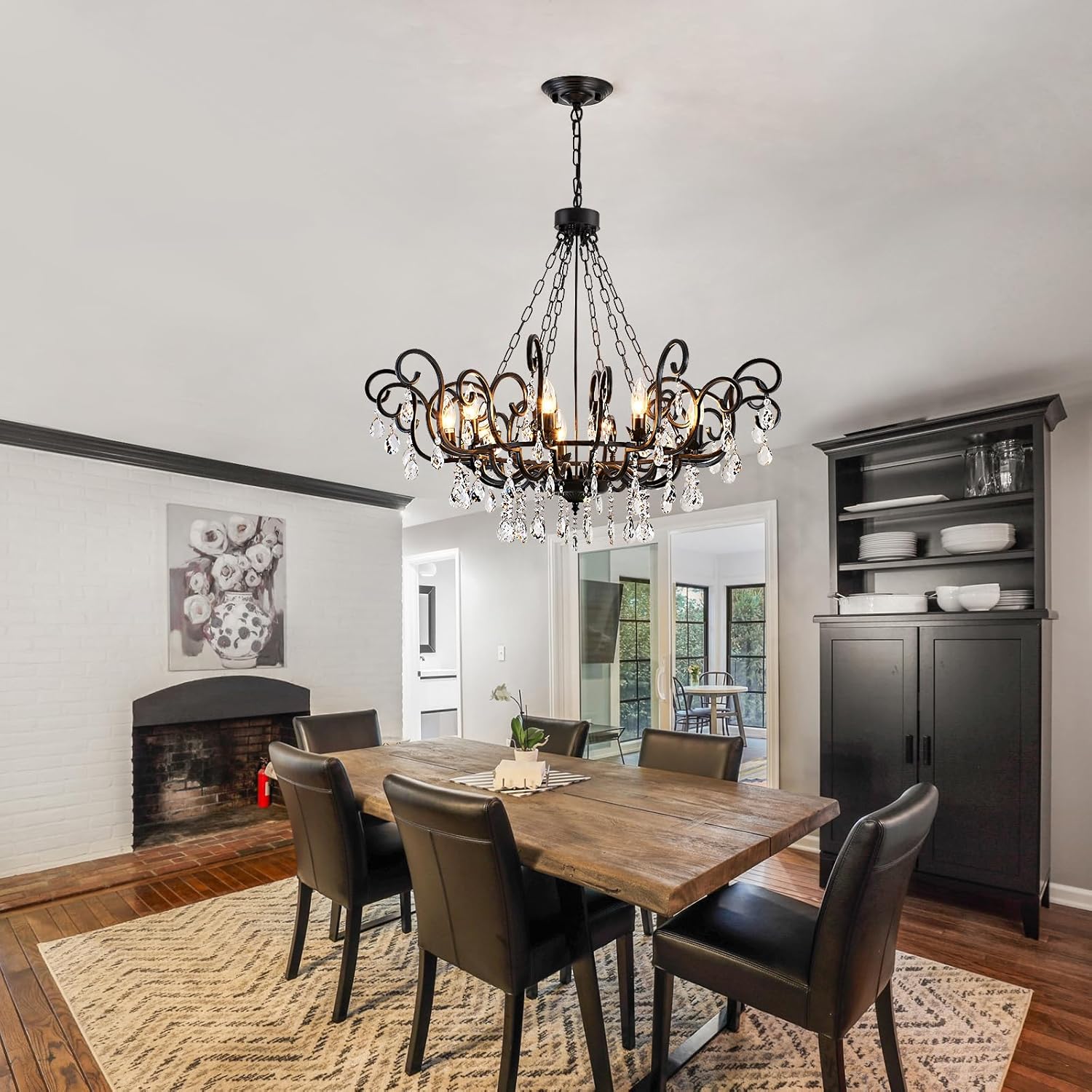 Rustic Industrial Iron & Crystal Chandelier