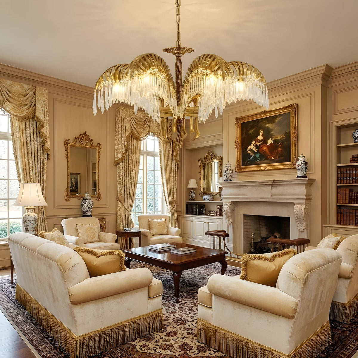 Brass Palm Leaf Crystal Chandelier