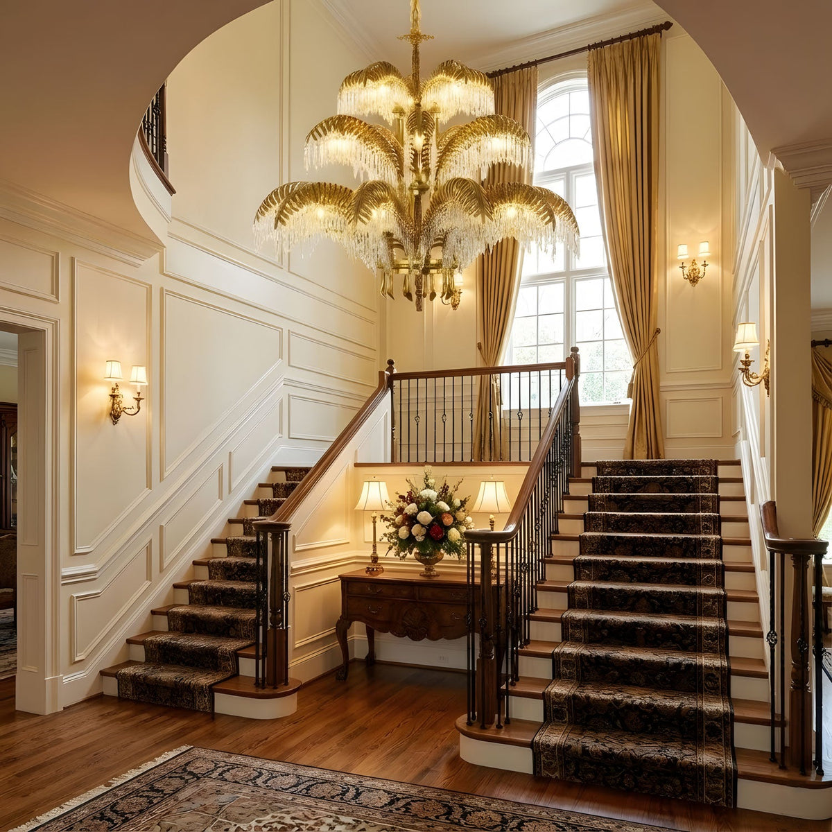 Brass Palm Leaf Crystal Chandelier