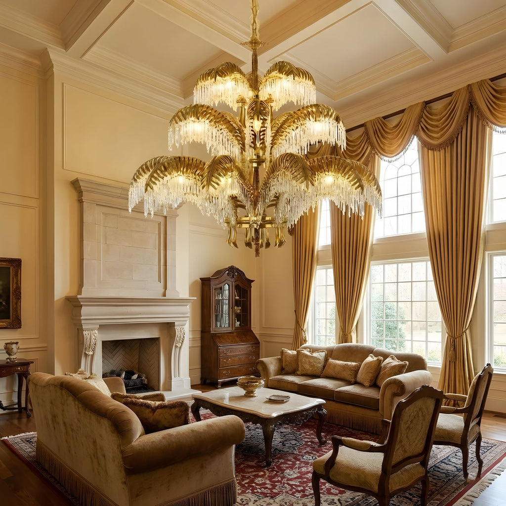 Brass Palm Leaf Crystal Chandelier