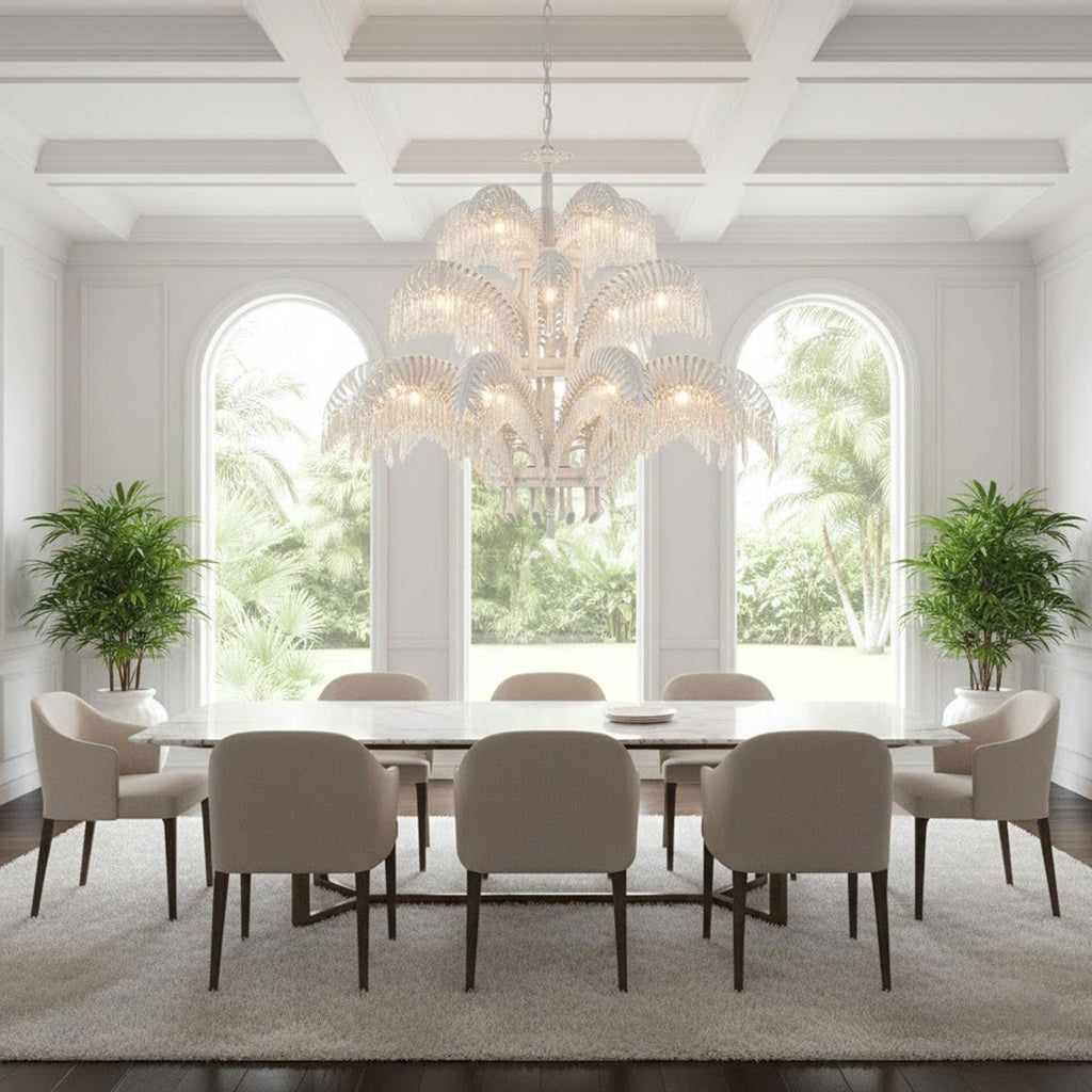 Brass Palm Leaf Crystal Chandelier