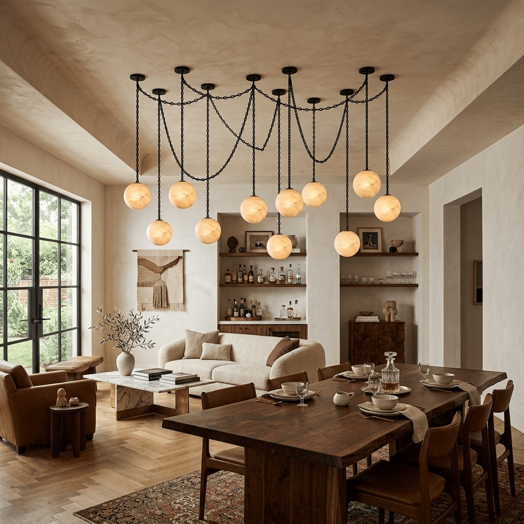 Industrial Alabaster Orb Chain Chandelier