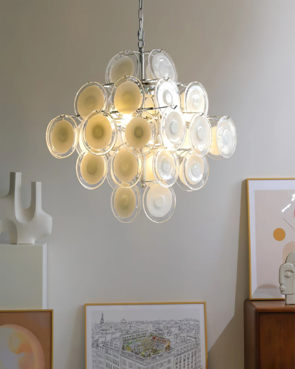 Disc White Glass Chandelier