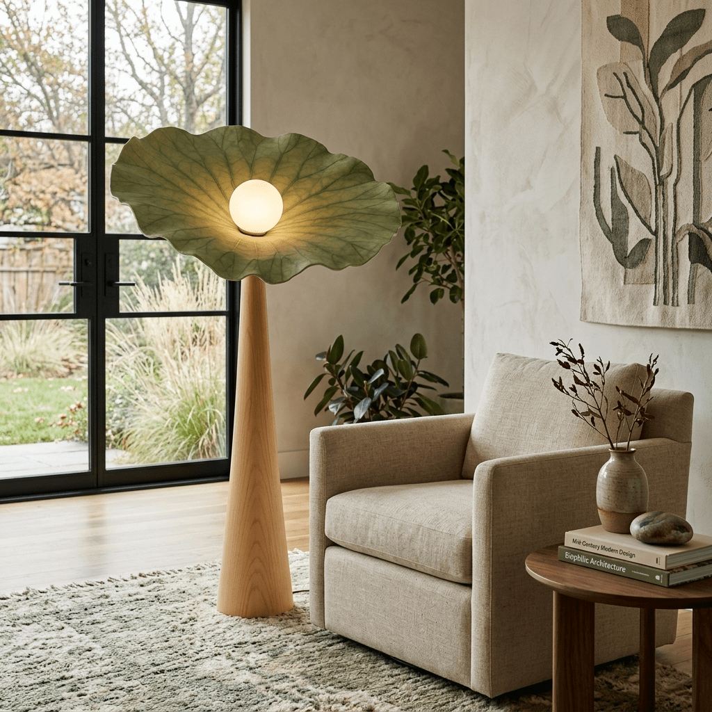 Lotus Veil Woodgrain Floor Lamp