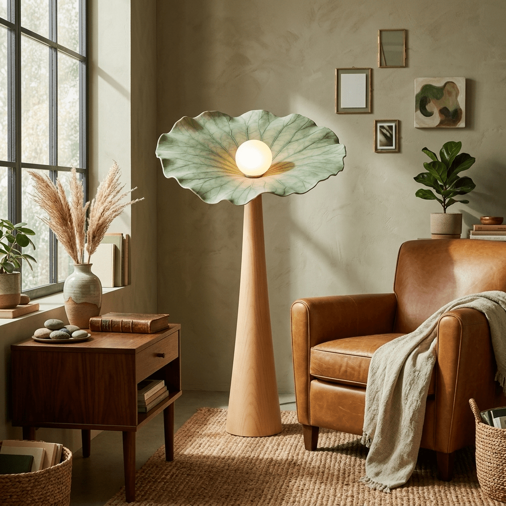 Lotus Veil Woodgrain Floor Lamp