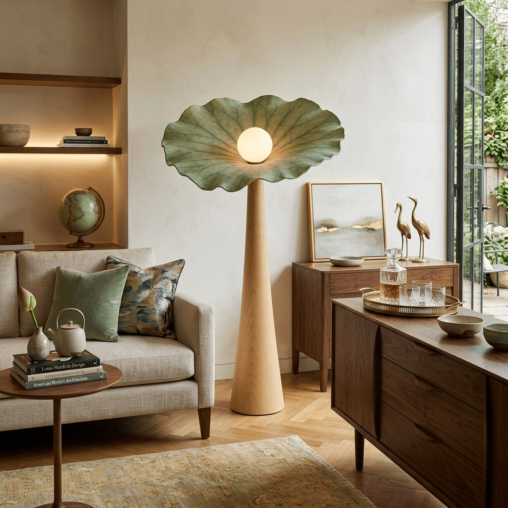 Lotus Veil Woodgrain Floor Lamp