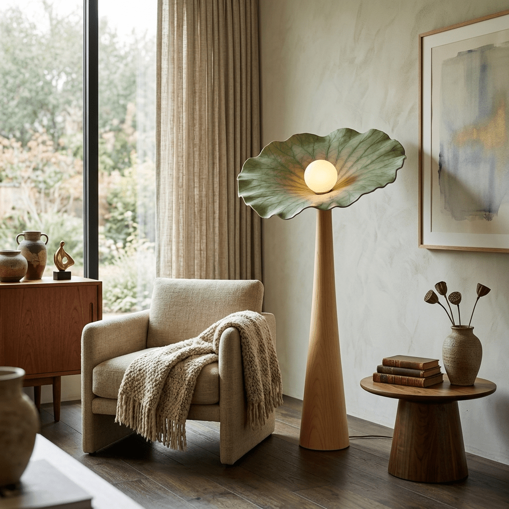 Lotus Veil Woodgrain Floor Lamp