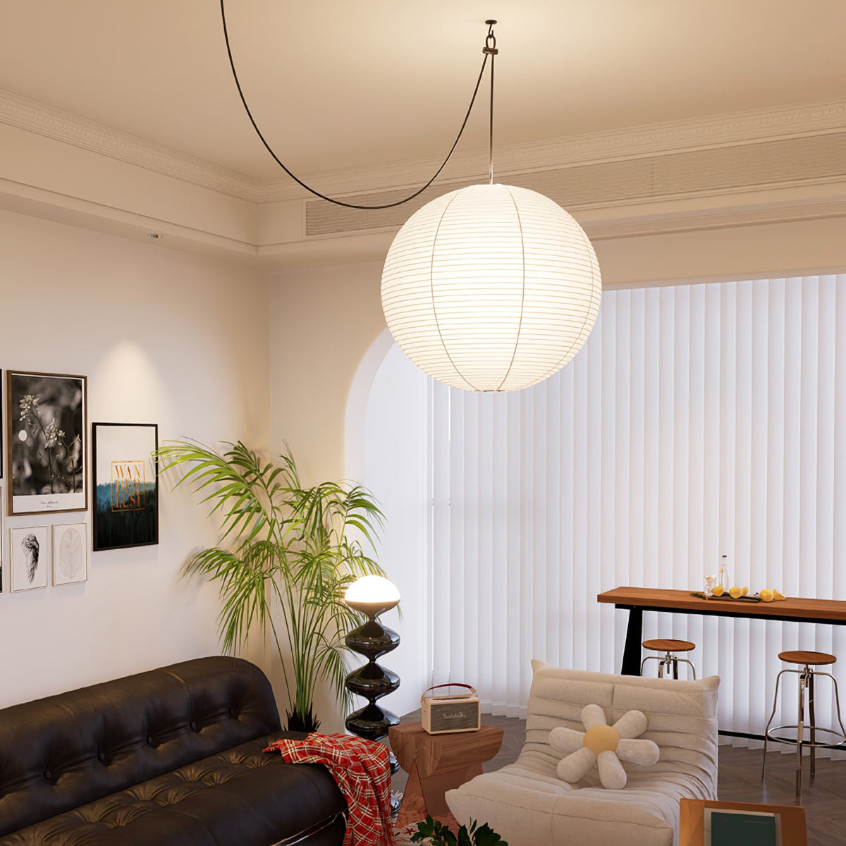 Japanese Paper Pendant Swag Light (black plug wire)
