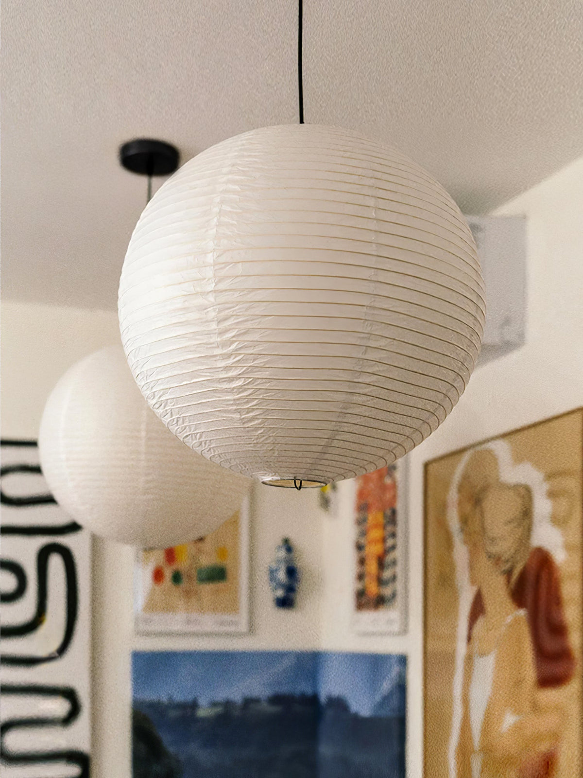 Japanese Paper Pendant Swag Light (black plug wire)