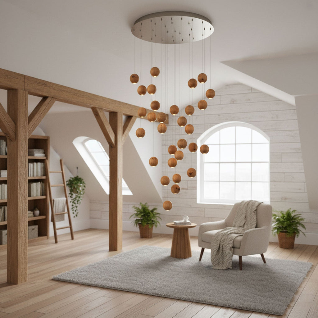 Wooden Orb Sphere Cluster Pendant Light