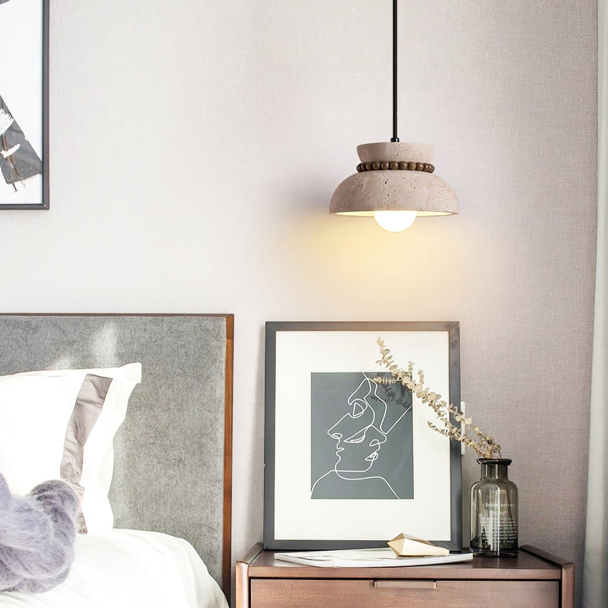 Travertine Wooden Bead Pendant Lamp