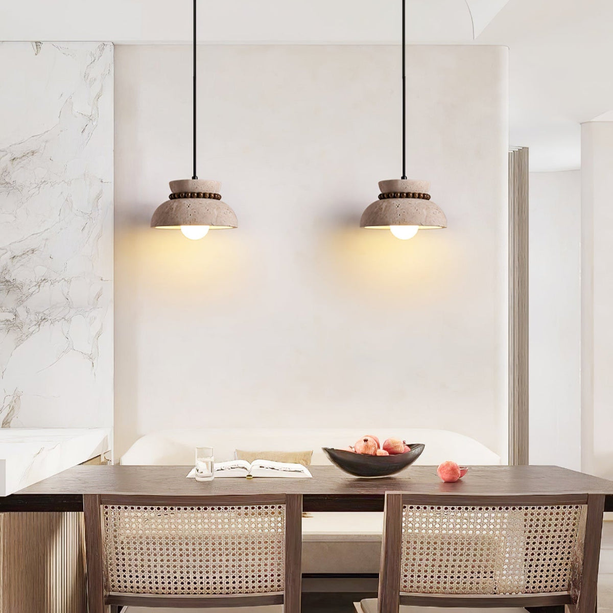 Travertine Wooden Bead Pendant Lamp