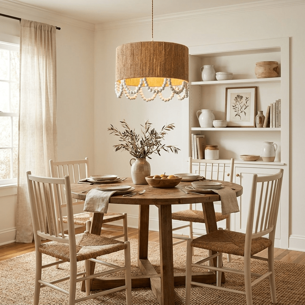 Jute Wood Bead Drum Pendant Lamp