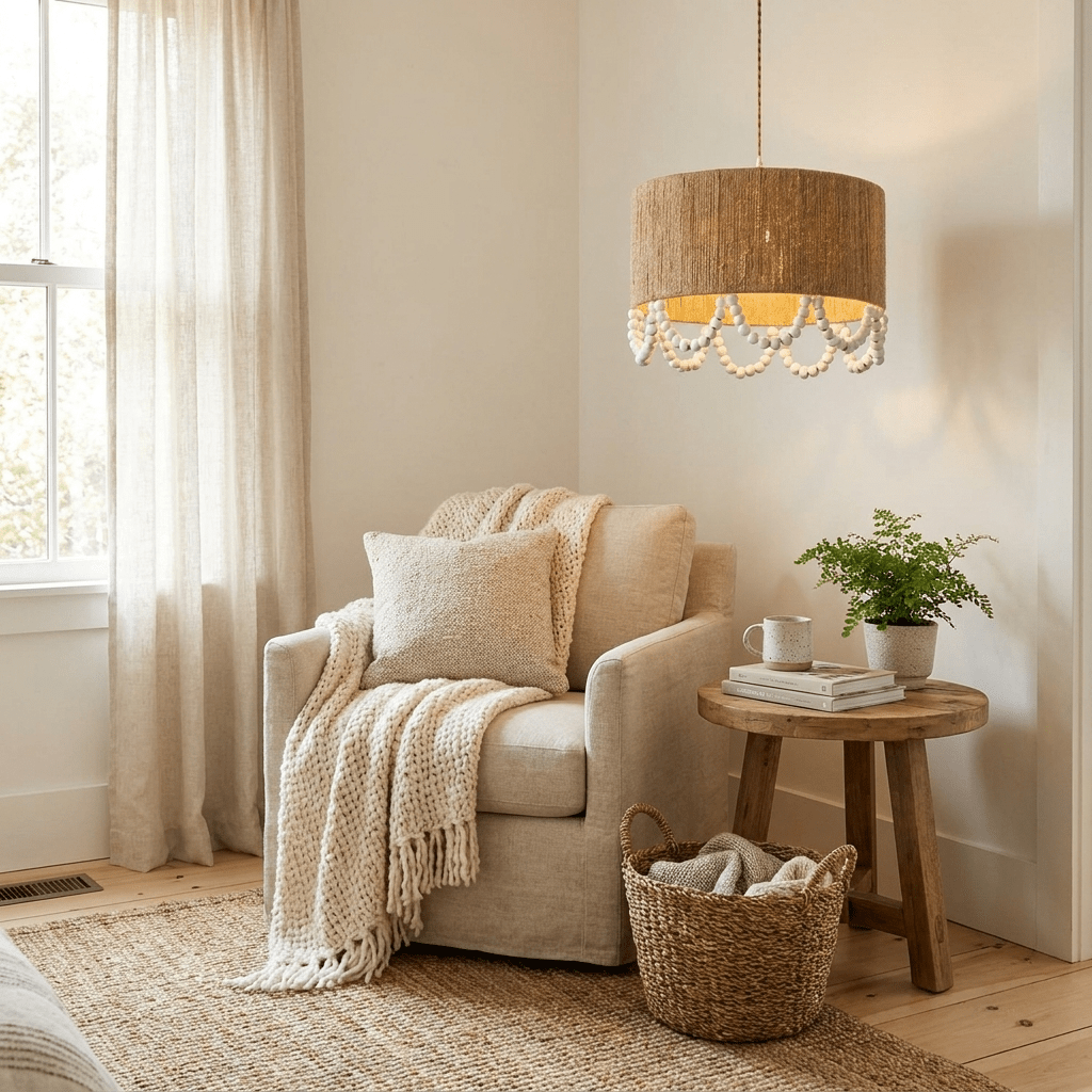 Jute Wood Bead Drum Pendant Lamp