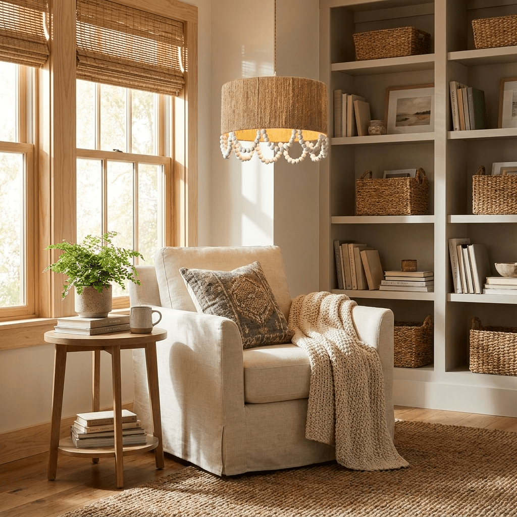 Jute Wood Bead Drum Pendant Lamp