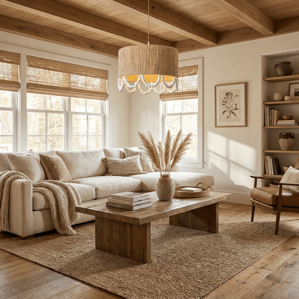 Jute Wood Bead Drum Pendant Lamp
