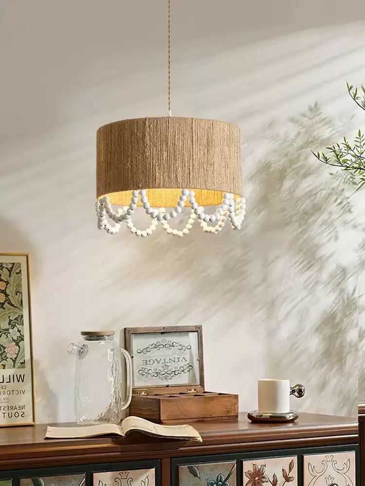 Jute Wood Bead Drum Pendant Lamp