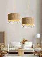 Jute Wood Bead Drum Pendant Lamp