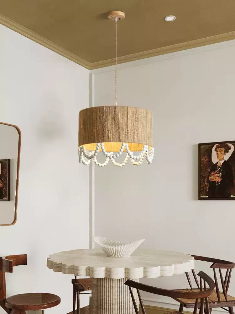 Jute Wood Bead Drum Pendant Lamp
