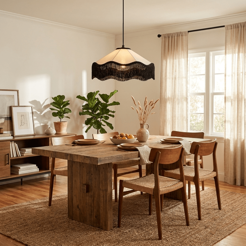 Fabric Cone Black Fringe Pendant Lamp
