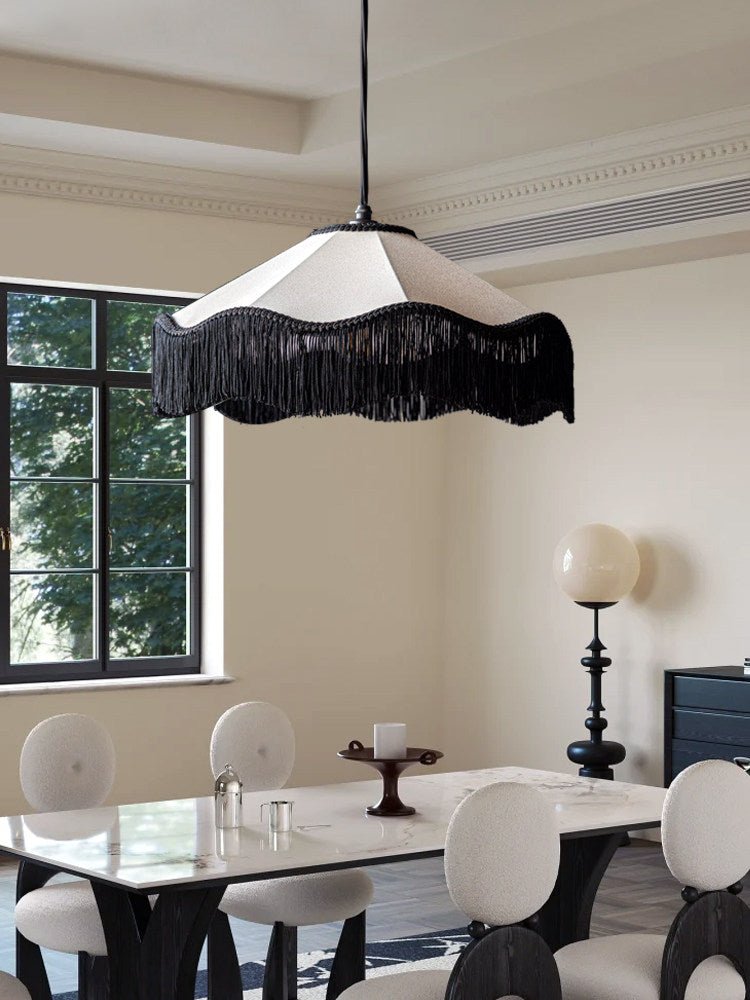 Fabric Cone Black Fringe Pendant Lamp
