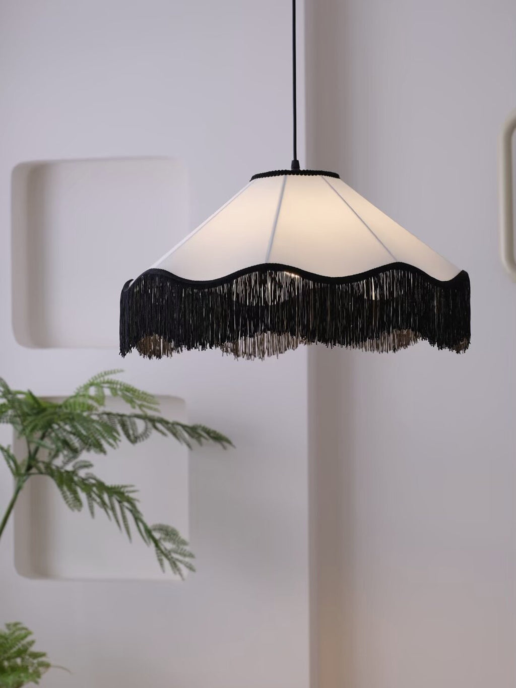 Fabric Cone Black Fringe Pendant Lamp