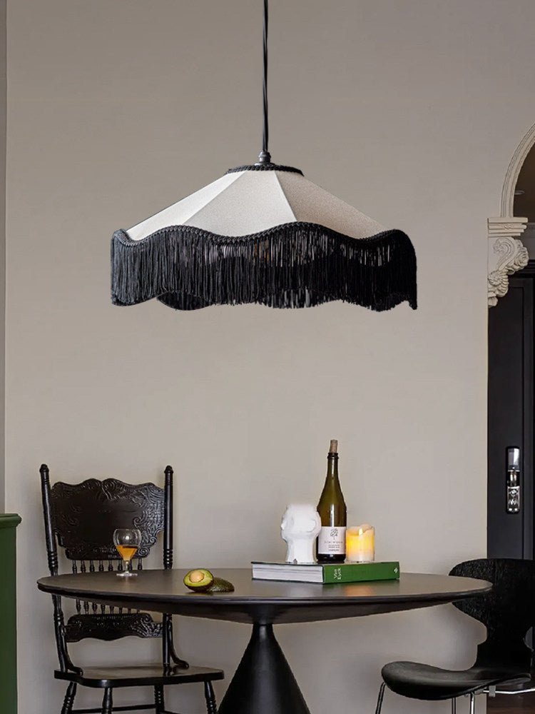 Fabric Cone Black Fringe Pendant Lamp