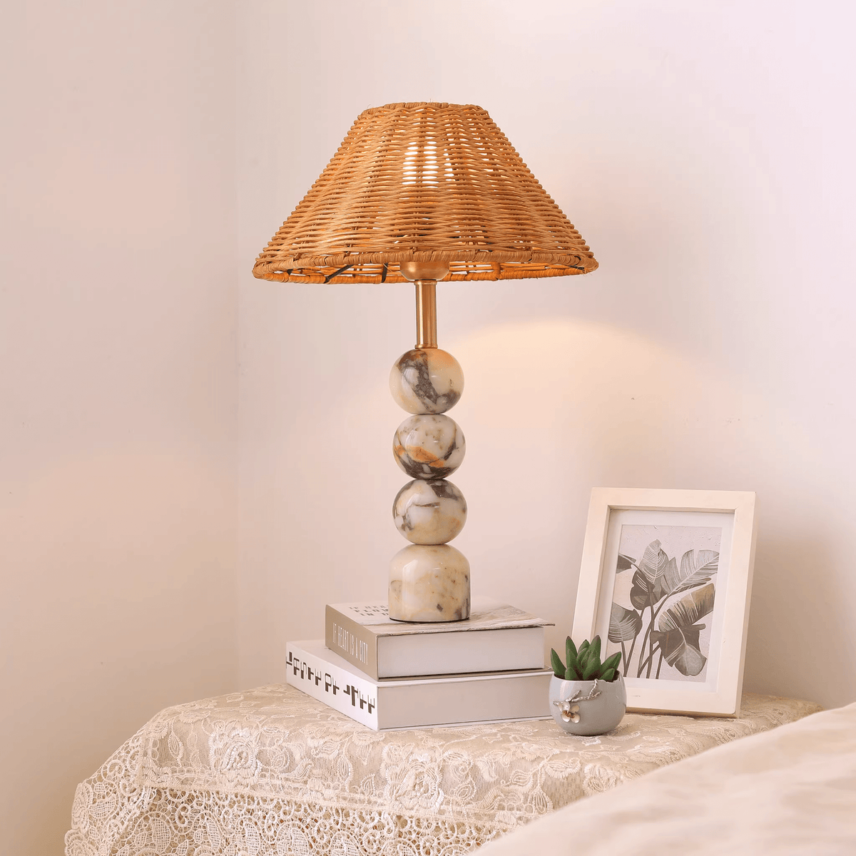 Marble Orb Rattan Table Lamp