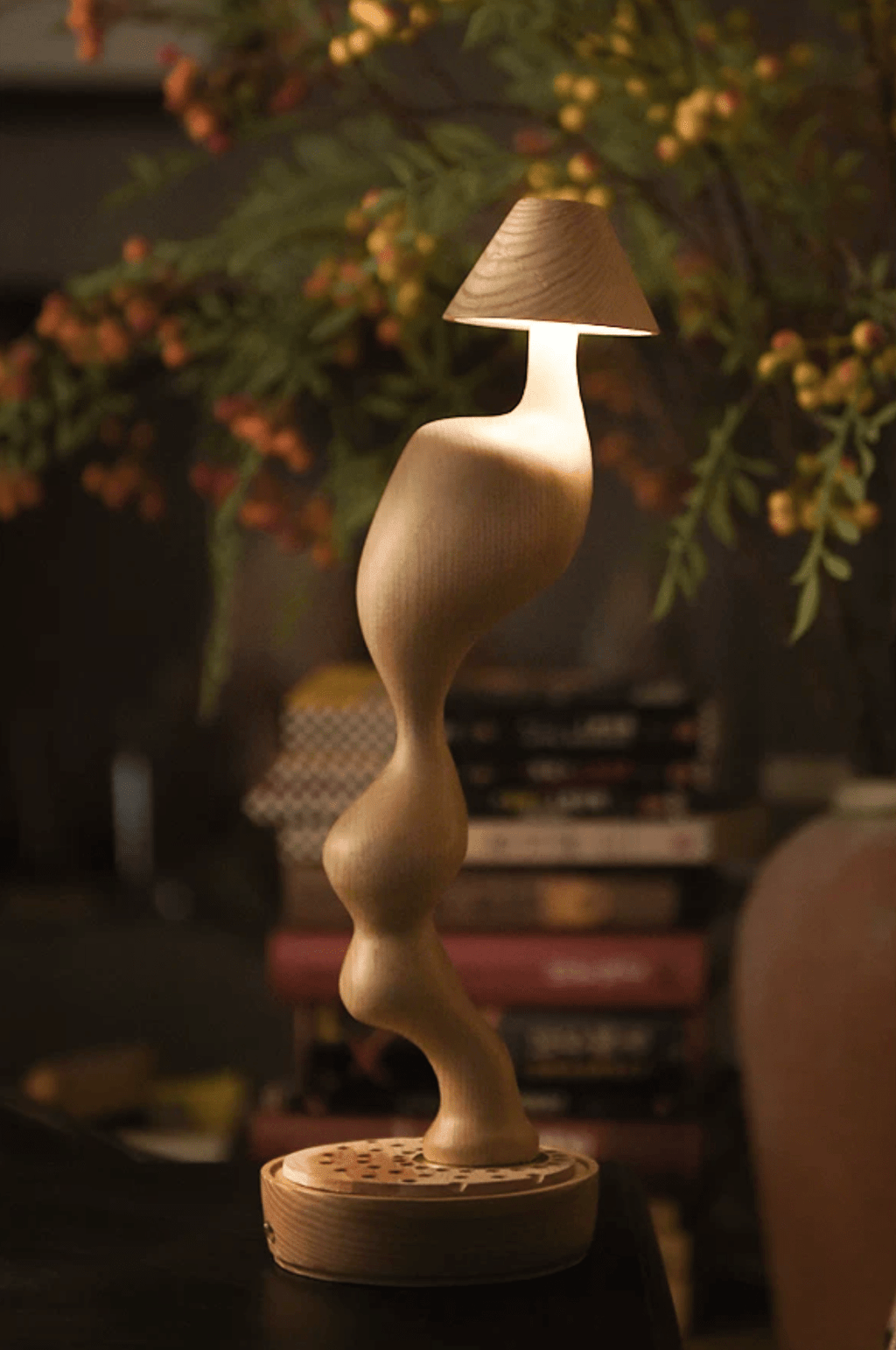 Carved Wood Cordless Table Lamp