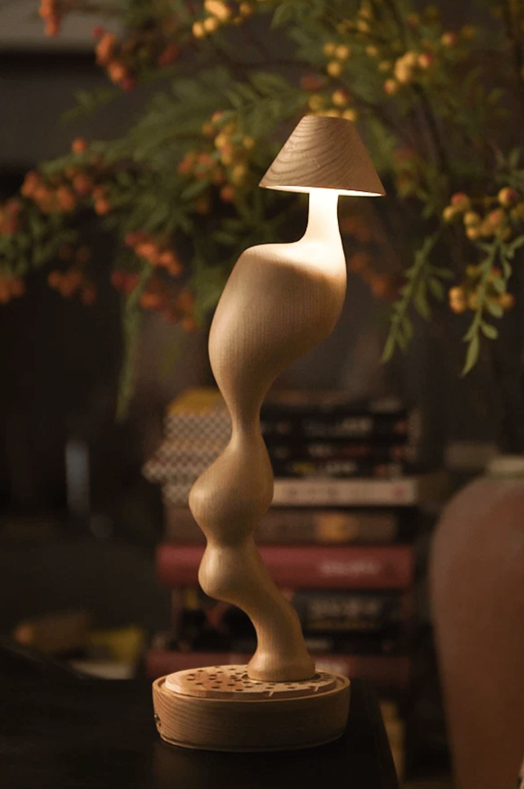 Carved Wood Cordless Table Lamp