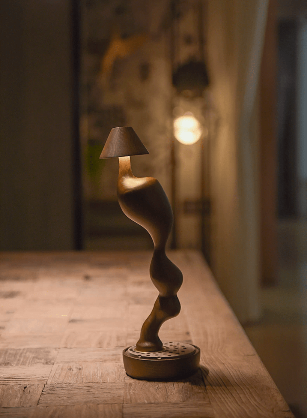 Carved Wood Cordless Table Lamp