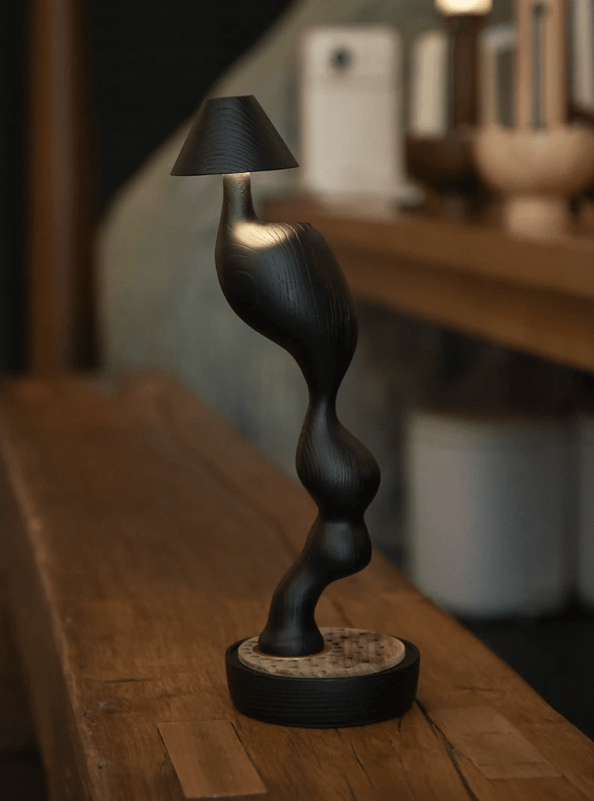Carved Wood Cordless Table Lamp