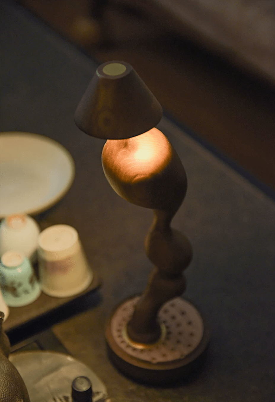 Carved Wood Cordless Table Lamp
