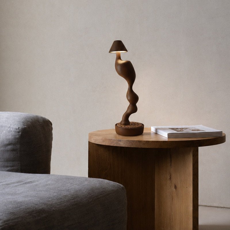 Carved Wood Cordless Table Lamp