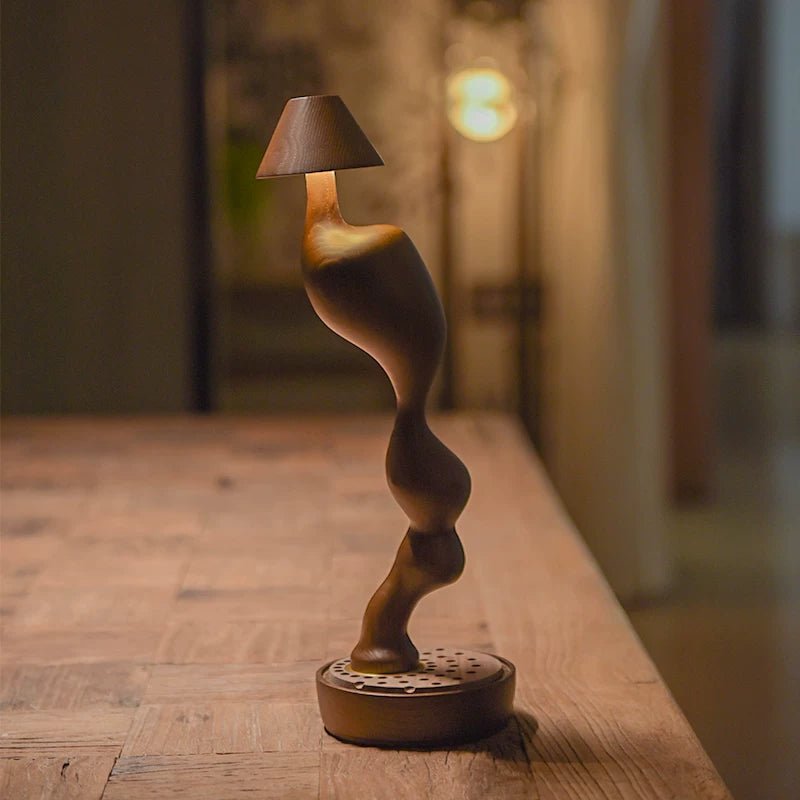 Carved Wood Cordless Table Lamp