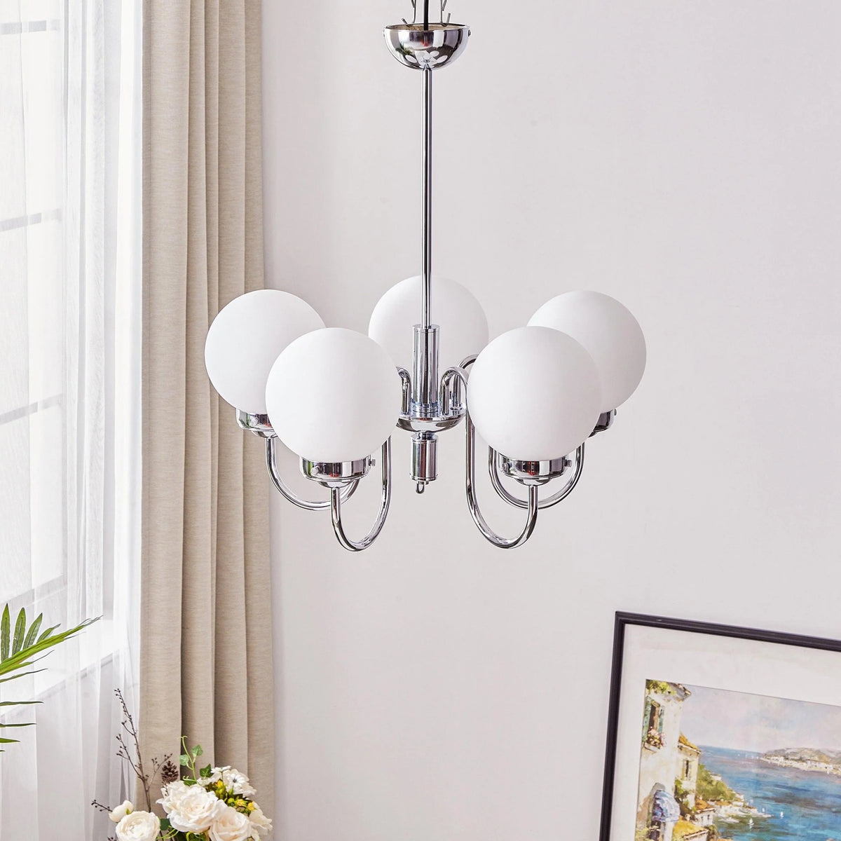 Curved Arm Chrome Globe Chandelier