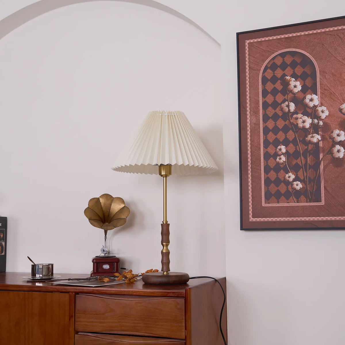 Accordion Pleat Walnut Table Lamp