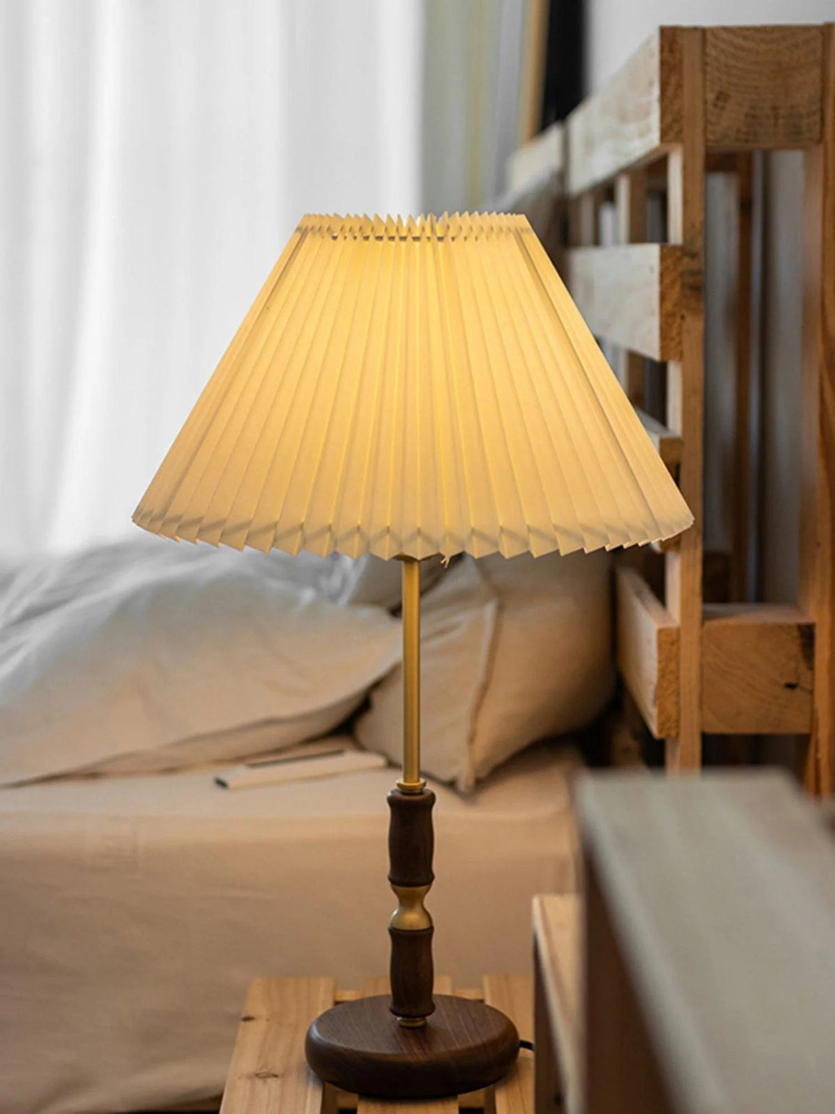 Accordion Pleat Walnut Table Lamp