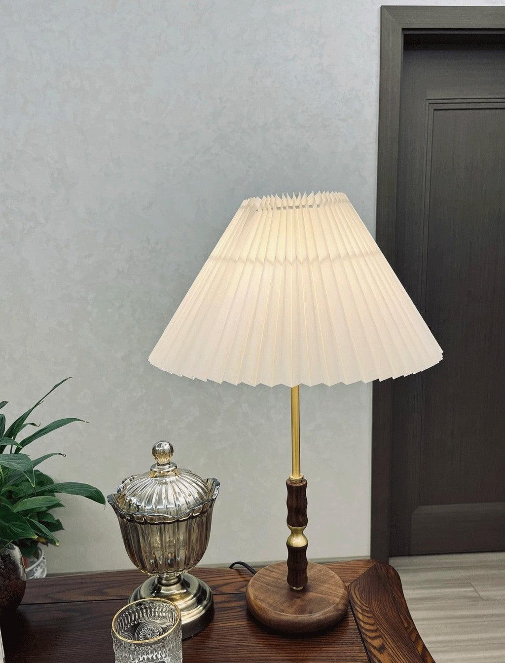 Accordion Pleat Walnut Table Lamp