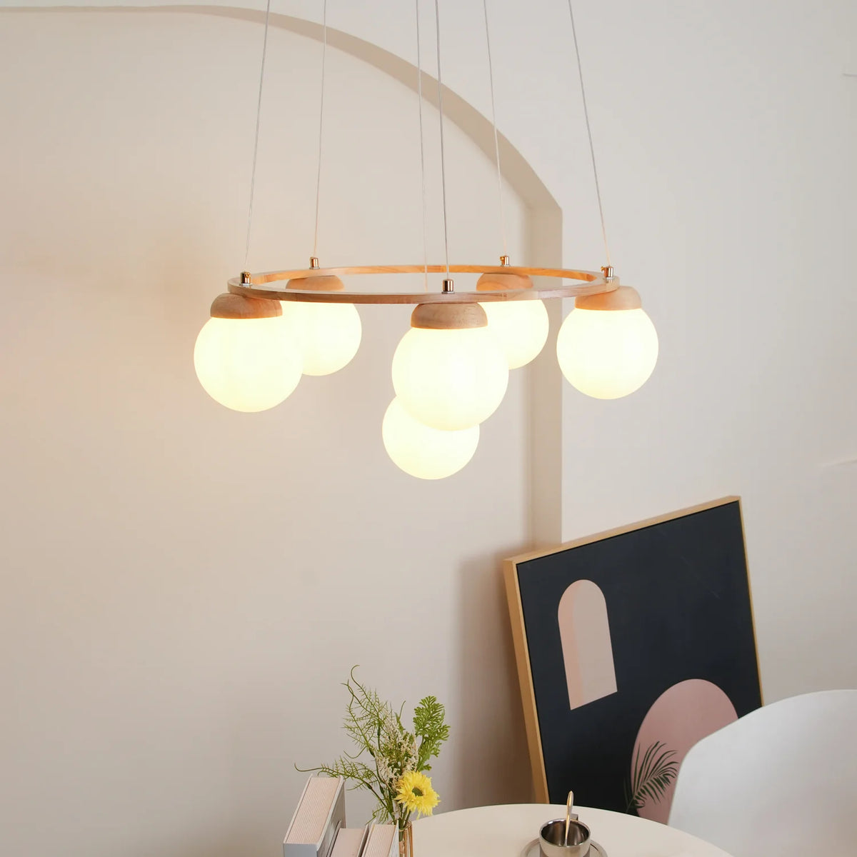 Wood Ring Frosted Globe Chandelier