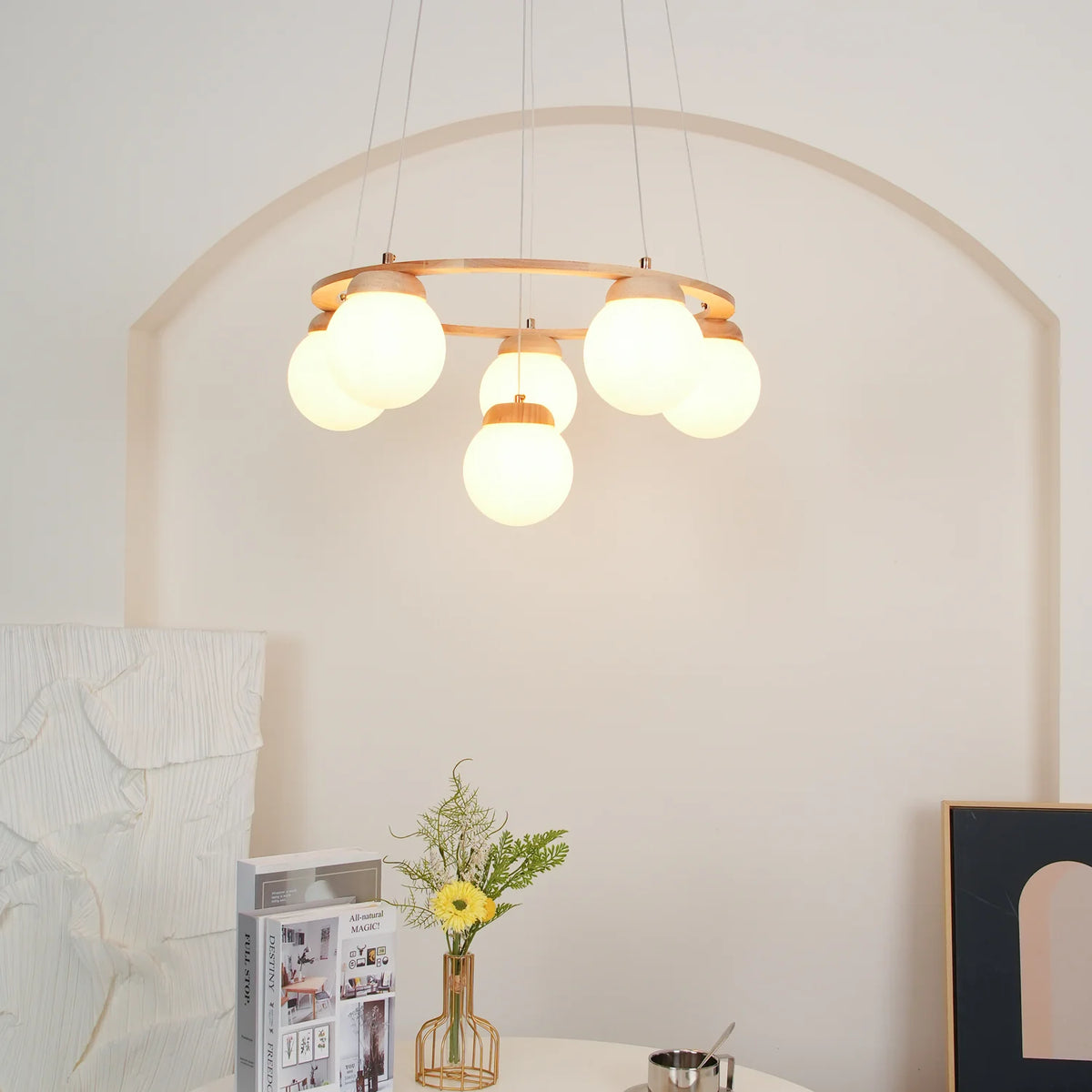 Wood Ring Frosted Globe Chandelier