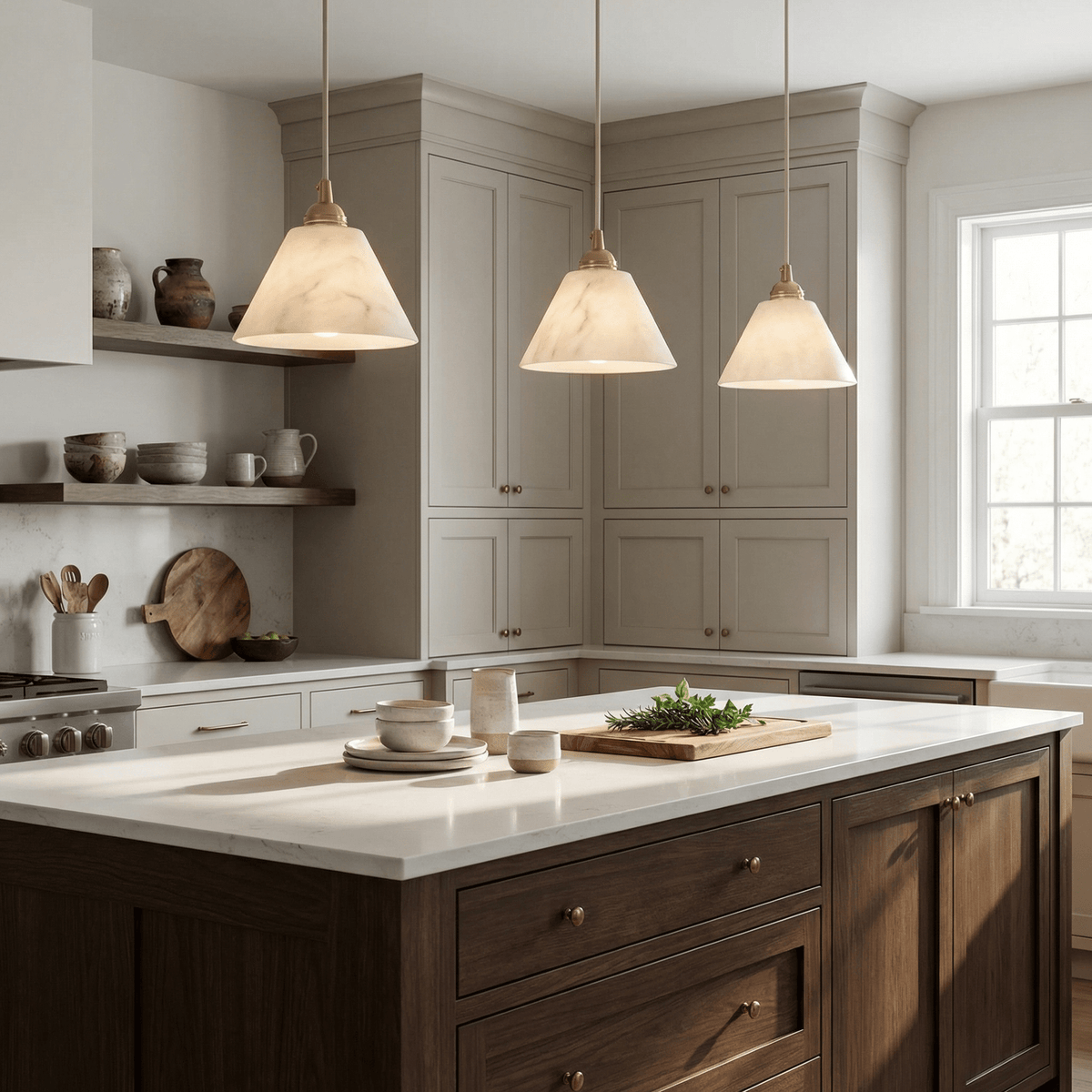 Conical Alabaster Brass Pendant Lamp